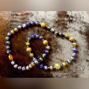 VINTAGE authentic blue gold cloisonné 50 beads beaded necklace GOLD CLASP 70 g